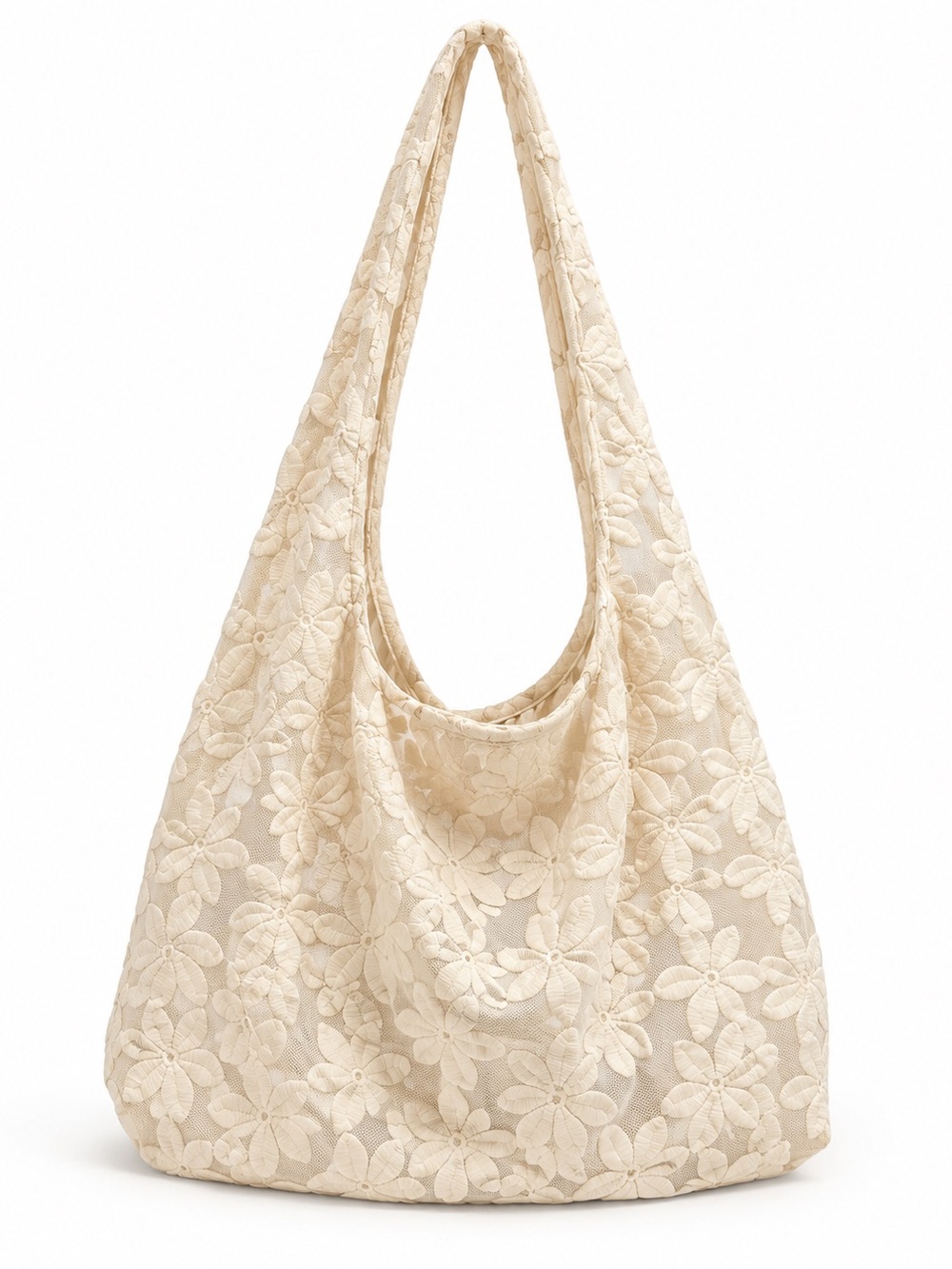 Cream Floral Lace Shoulder Bag with Soft Slouchy Silhouette